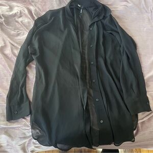 DKNY Black Sheer Button-Up Blouse oversized large goth layering shirt